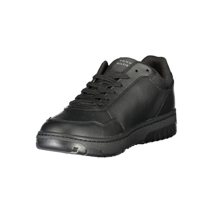 Tommy Hilfiger Black Leather Men Sneaker featuring sleek design and iconic branding for stylish, urban look.