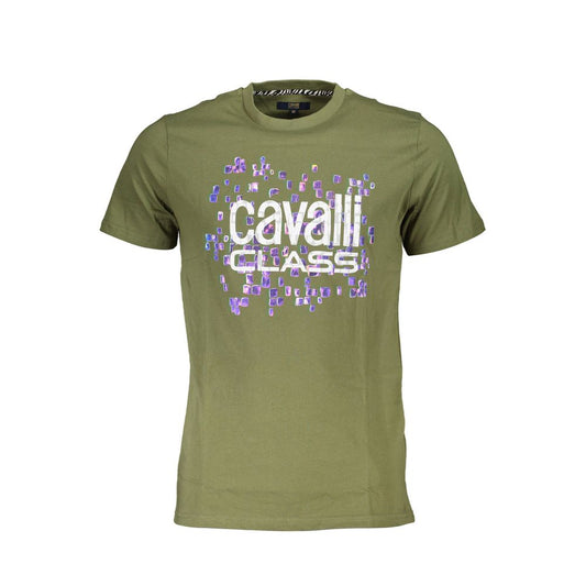 Cavalli Class Green Cotton Men T-Shirt with distinctive print and logo on front showcasing striking design.