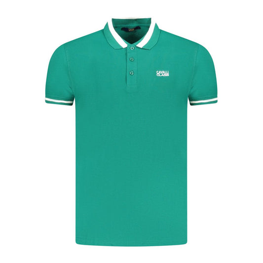 Cavalli Class Green Cotton Men Polo Shirt with embroidery logo and contrasting details, perfect for casual or smart-casual events.