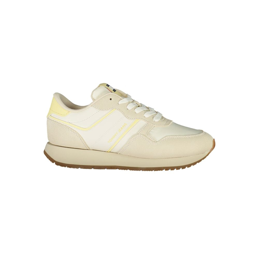 Tommy Hilfiger Beige Leather Women Sneaker with contrasting details and logo, offering style and comfort with a removable insole.
