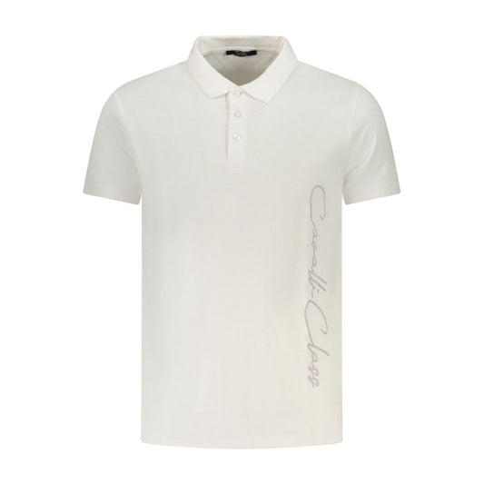 Cavalli Class White Cotton Men Polo Shirt with logo detail, short sleeves, and three-button design, showcasing timeless and modern style.