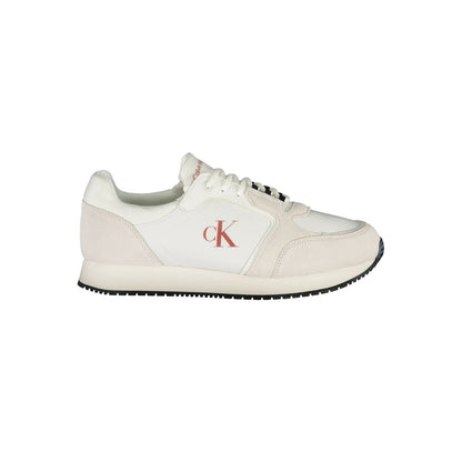 Calvin Klein White Leather Men Sneaker with CK logo and removable insole, featuring 50% recycled cotton for a modern urban style.