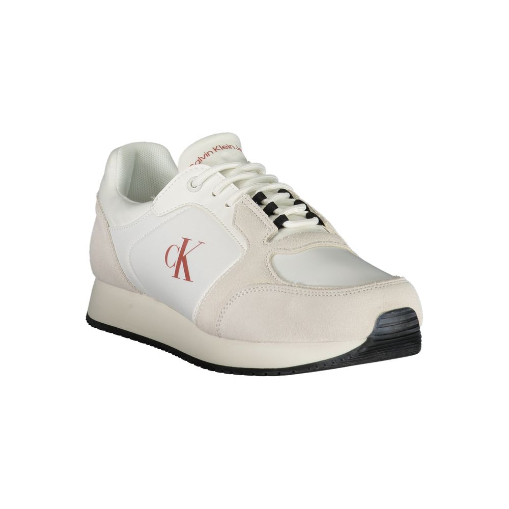 Calvin Klein White Leather Men Sneaker featuring sleek design, CK logo, and customizable comfort for modern urban style.