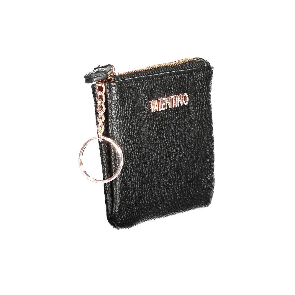 Mario Valentino Black Polyethylene Wallet with logo, card spaces, key ring chain, and zip closure, eco-friendly design.