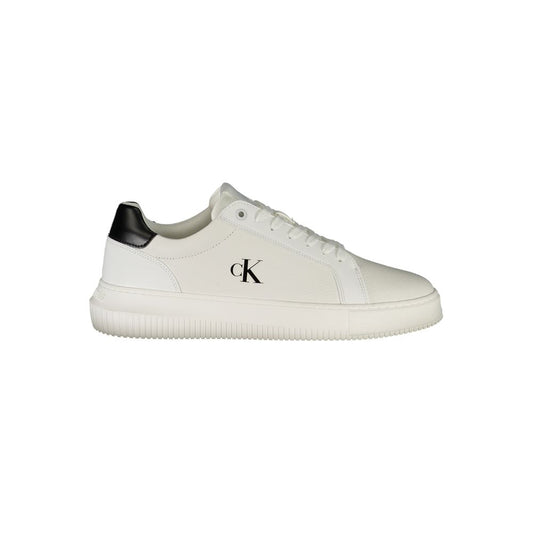 Calvin Klein White Leather Men Sneaker with CK logo, black accents, and removable footbed for style and comfort.