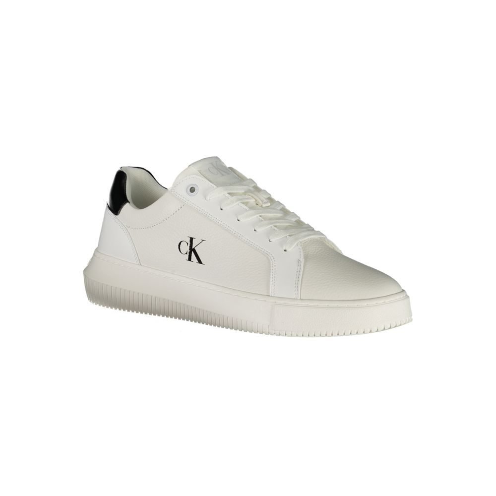 Calvin Klein White Leather Men Sneaker with black details and CK logo, stylish and versatile shoe for modern fashion.