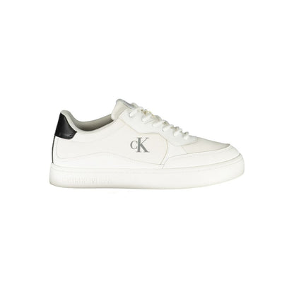 Calvin Klein White Polyester Men Sneaker with black accents and removable footbed showcasing iconic CK logo, stylish and comfortable.