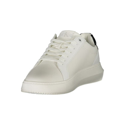 Calvin Klein White Leather Men Sneaker with black accents and removable footbed, showcasing sleek design and modern aesthetics.