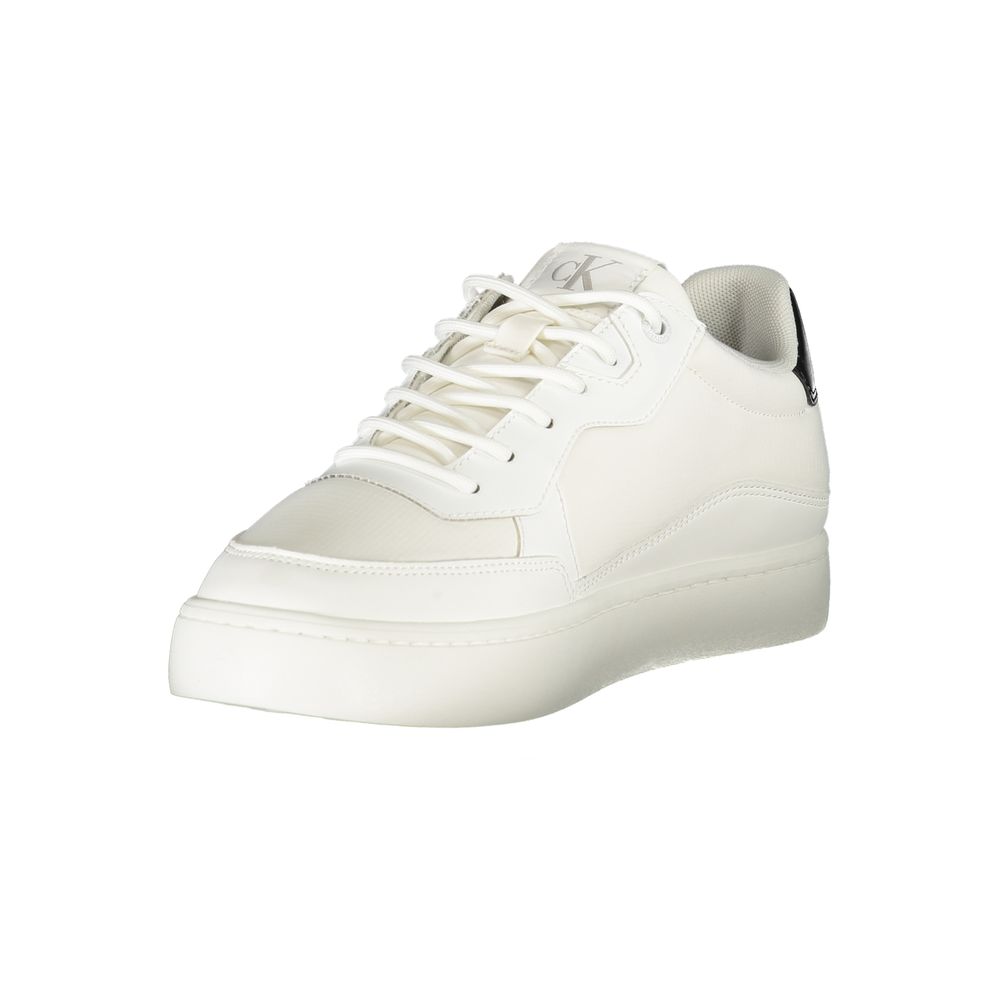 Calvin Klein White Polyester Men Sneaker with black accents and removable footbed for stylish comfort.