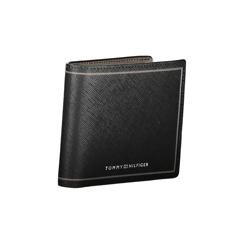 Tommy Hilfiger Black Leather Wallet with two compartments, coin purse, card spaces, contrast details, and logo design.
