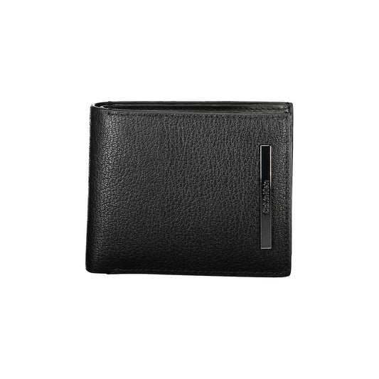 Calvin Klein Black Leather Wallet with RFID block, 2 compartments, coin purse, and card spaces.