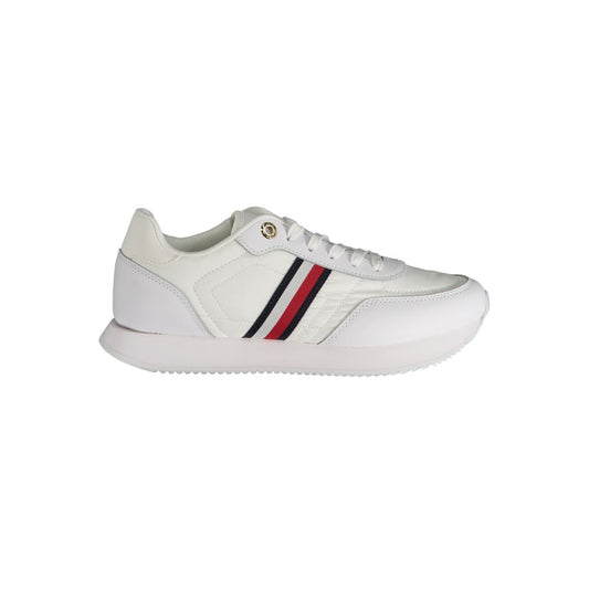 Tommy Hilfiger White Polyester Sneaker with laces, contrast details, and logo design side view.