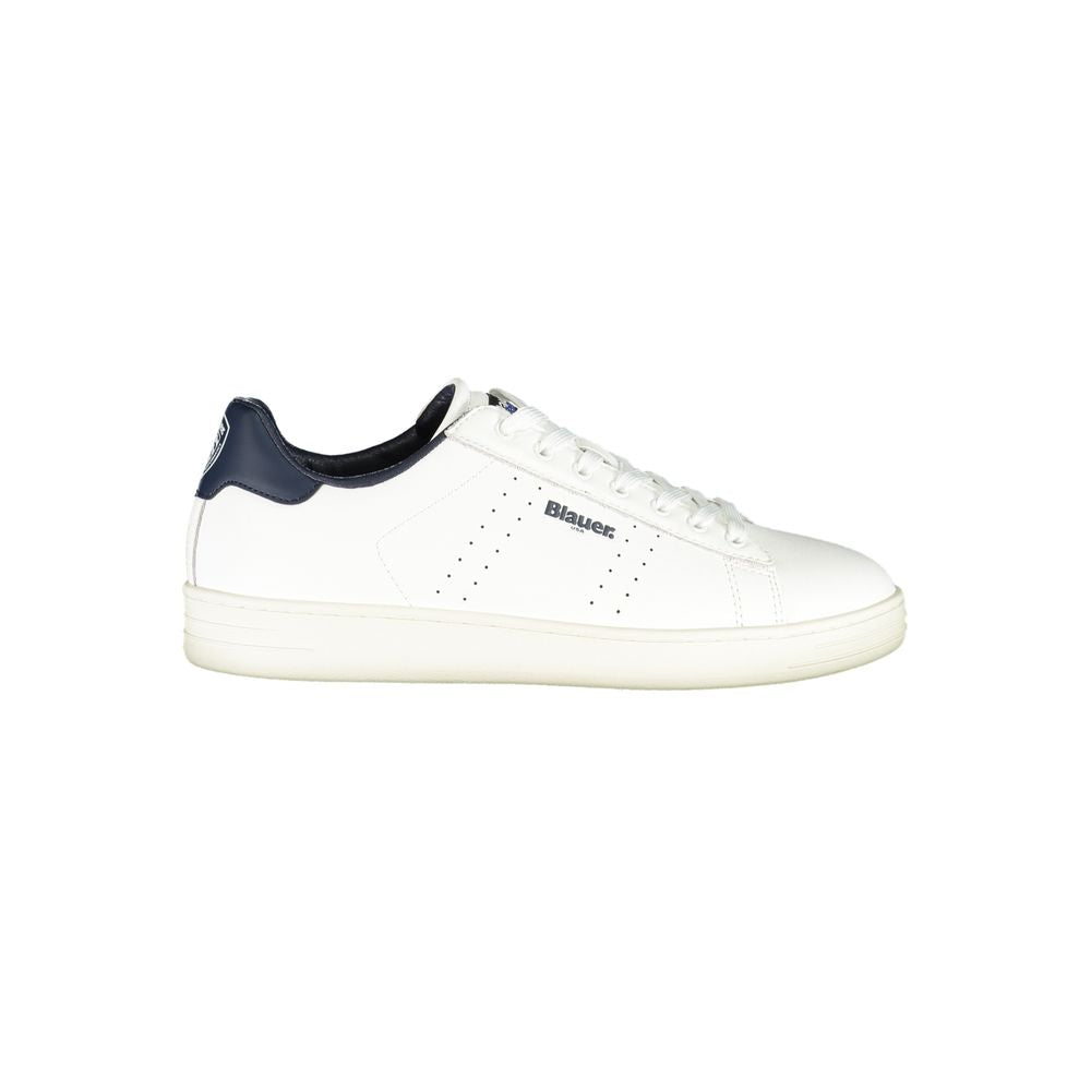 Blauer White Leather Men Sneaker with blue accents and iconic Blauer print, showcasing sleek design for the style-conscious athlete.