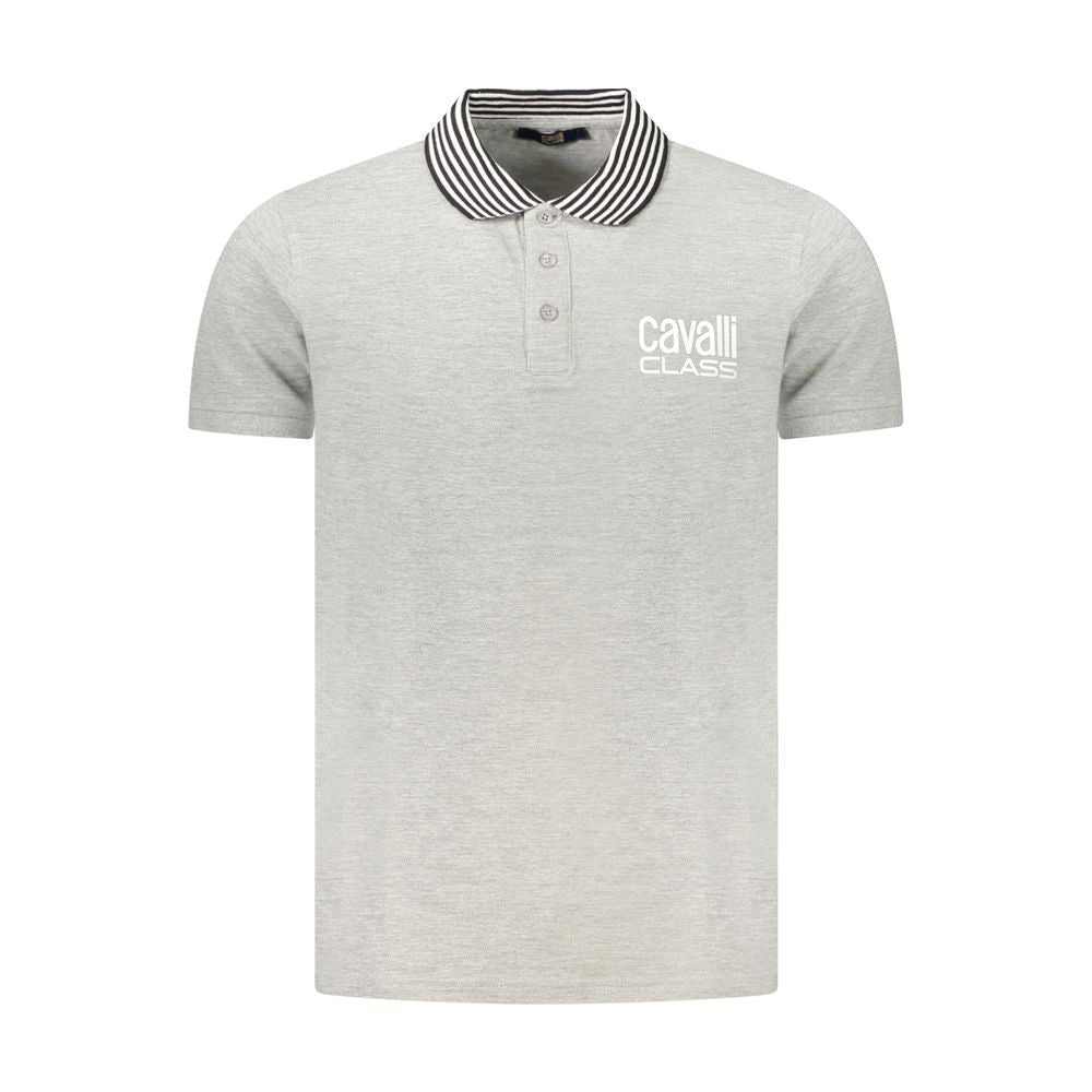 Cavalli Class Gray Cotton Polo Shirt with short sleeves, 3 buttons, contrasting details, print, and logo.