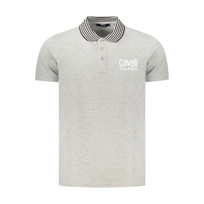 Cavalli Class Gray Cotton Polo Shirt with short sleeves, 3 buttons, contrasting details, print, and logo.