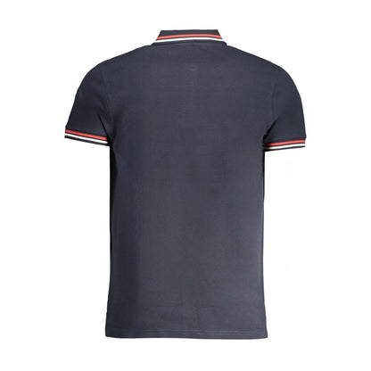 Back view of Cavalli Class Blue Cotton Polo Shirt with short sleeves, contrast details, and logo embroidery.