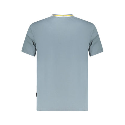 Light blue men's T-shirt showcasing back view with contrasting collar details.