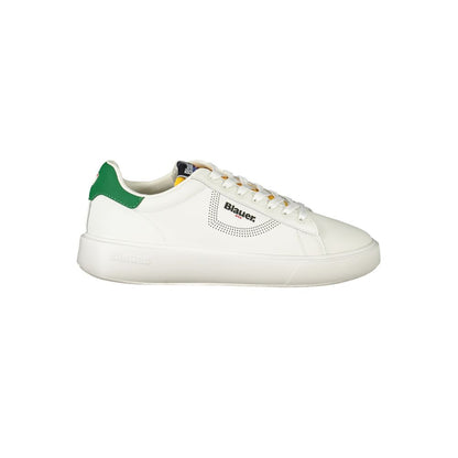 Blauer White Leather Men Sneaker with green accents and dynamic print, showcasing trendy and sophisticated street style.
