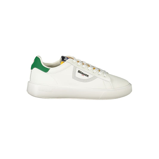 Blauer White Leather Men Sneaker with green accents and bold logo design, ideal for adding a trendy touch to casual outfits.