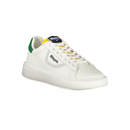 Blauer White Leather Men Sneaker with green accents, dynamic print, and signature logo for trendy street style.