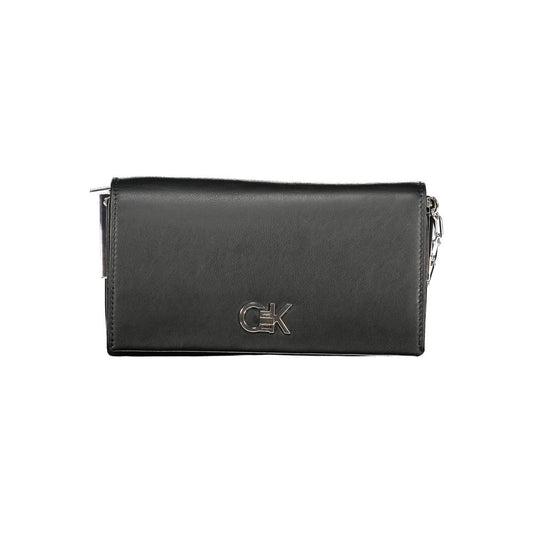 Calvin Klein Black Polyester Handbag with adjustable shoulder strap, two compartments, twist closure, logo, and recycled material.