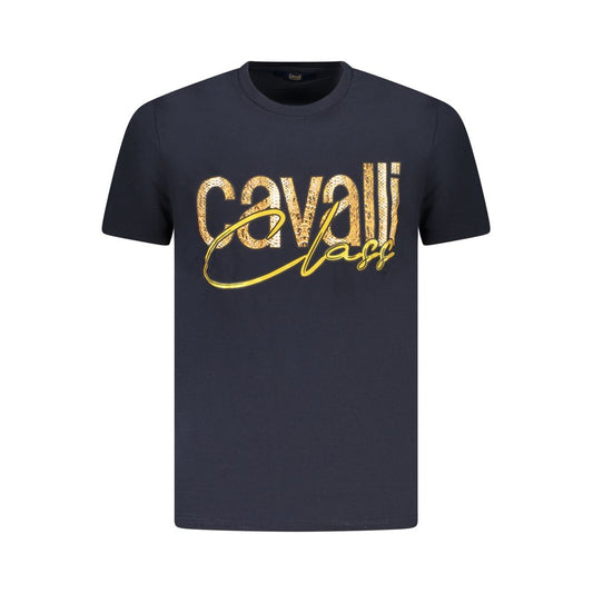 Cavalli Class Blue Cotton Men T-Shirt with distinctive print and logo, luxurious short sleeve crewneck showcasing style and comfort.