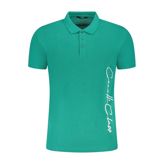 Cavalli Class Green Cotton Men Polo Shirt with logo and stylish print, featuring short sleeves and button design for a sophisticated look.