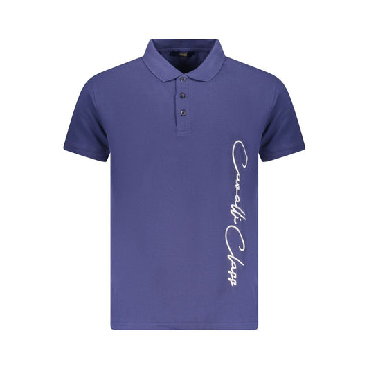 Cavalli Class Blue Cotton Men Polo Shirt with bold print and logo, short sleeves, crafted from pure cotton for style and comfort.