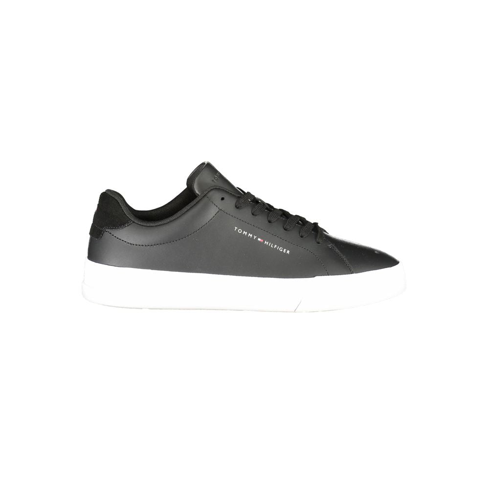 Tommy Hilfiger Black Leather Men Sneaker with athletic silhouette and logo detailing, ideal for modern style and comfort.
