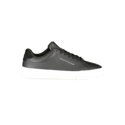 Tommy Hilfiger Black Leather Men Sneaker with athletic silhouette and logo detailing, ideal for modern style and comfort.