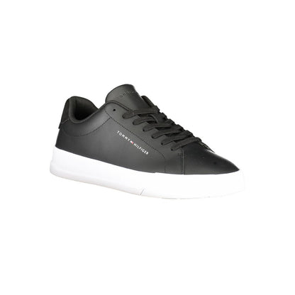 Tommy Hilfiger Black Leather Men Sneaker with contrasting details and removable footbed, featuring brand logo.
