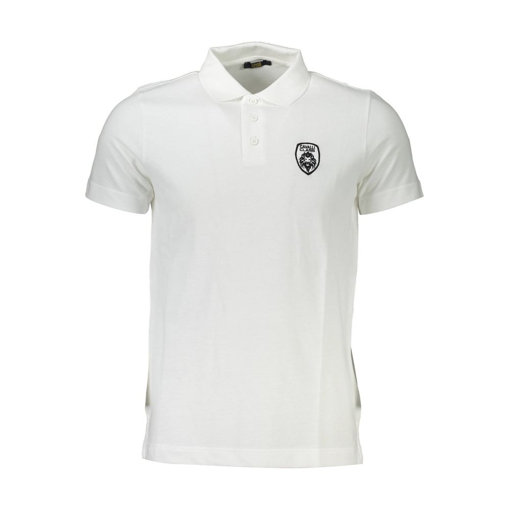 Cavalli Class White Cotton Men Polo Shirt with logo embroidery, luxury men's fashion.