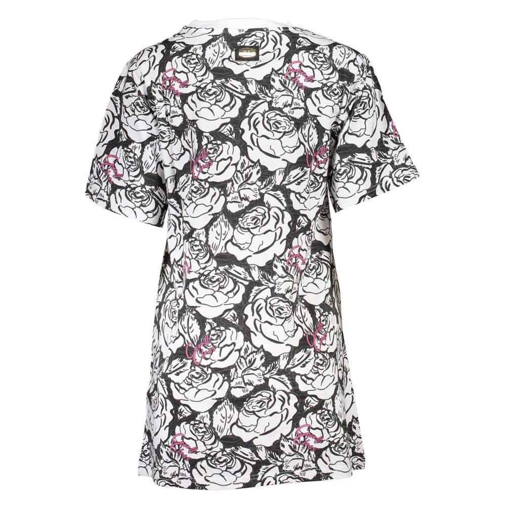 Cavalli Class White Cotton Women Dress with floral print, short sleeves, and round neckline