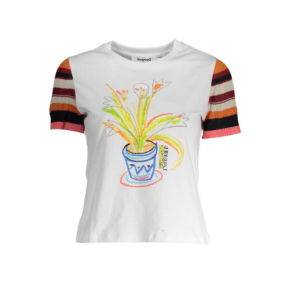 Desigual White Cotton Women T-Shirt with vibrant print and contrasting striped sleeves, showcasing unique style and brand logo.