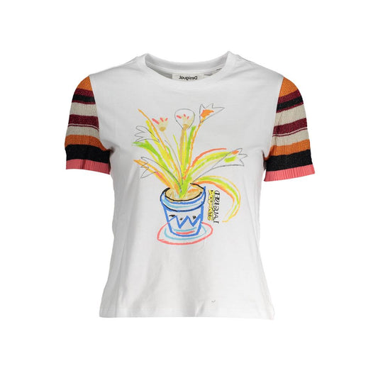 Desigual White Cotton Women T-Shirt with colorful plant print and striped sleeves, featuring the iconic Desigual design and logo.