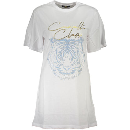 Cavalli Class White Cotton Women T-Shirt with logo print and tiger design, elegant short-sleeve top for trendy casual outfits