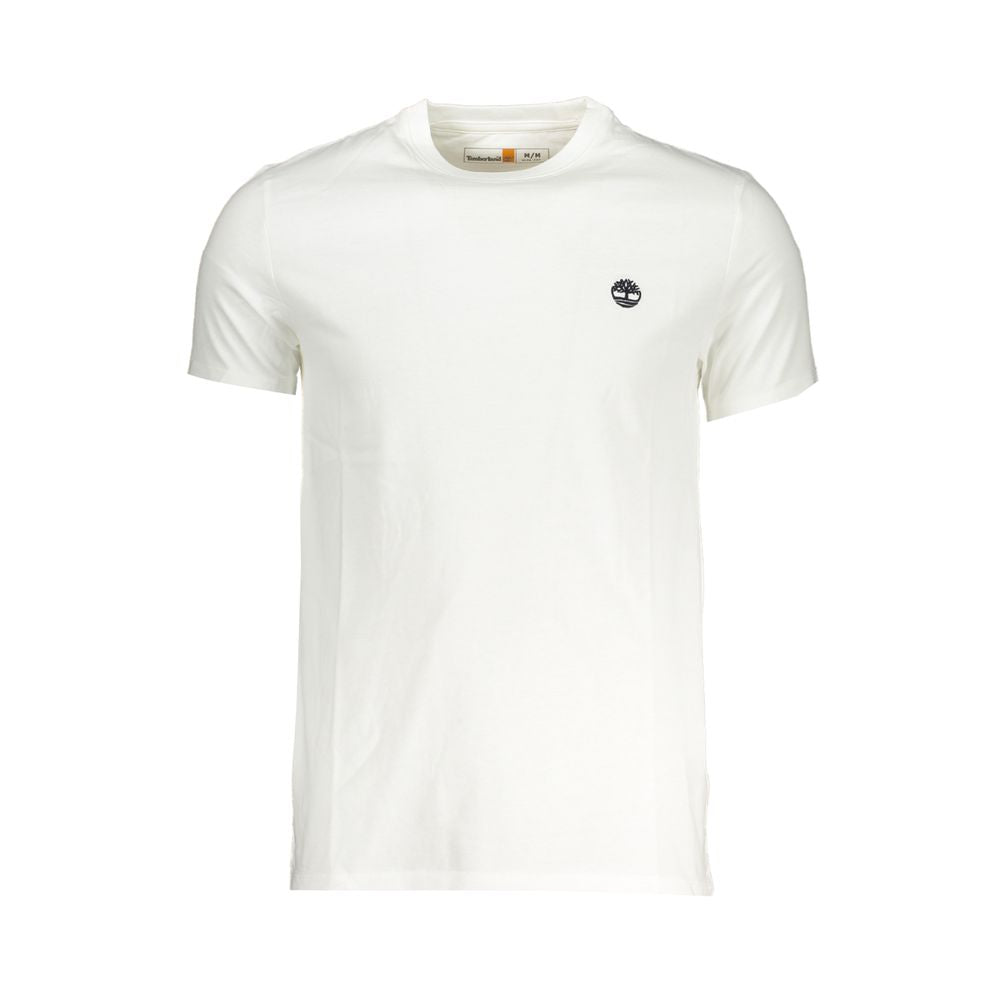 Timberland White Cotton Men T-Shirt with logo embroidery, slim-fit, short sleeve, crew neck, perfect for casual elegance.