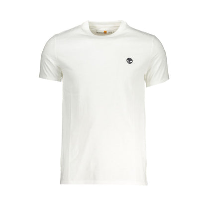 Timberland White Cotton Men T-Shirt with logo embroidery, slim-fit, short sleeve, crew neck, perfect for casual elegance.