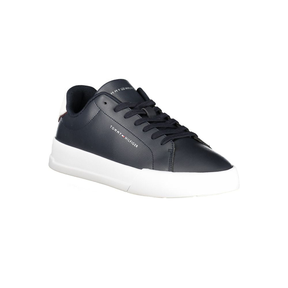 Tommy Hilfiger Blue Leather Men Sneaker with white sole and iconic logo, featuring sporty design and removable insole for comfort.