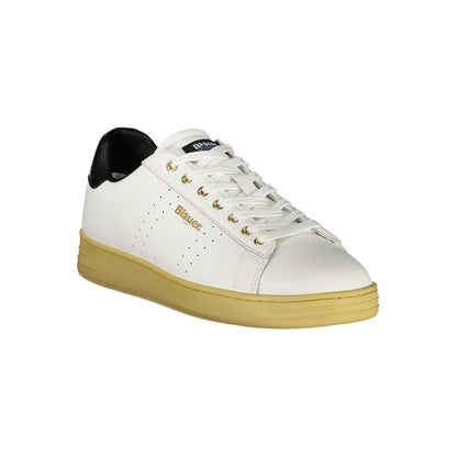 Blauer White Leather Men Sneaker with black details, removable footbed, and Blauer logo; stylish and comfortable for urban fashion.