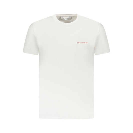 Trussardi White Cotton Men T-Shirt with logo and brush print, short-sleeve crew neck, luxury casual fashion style.
