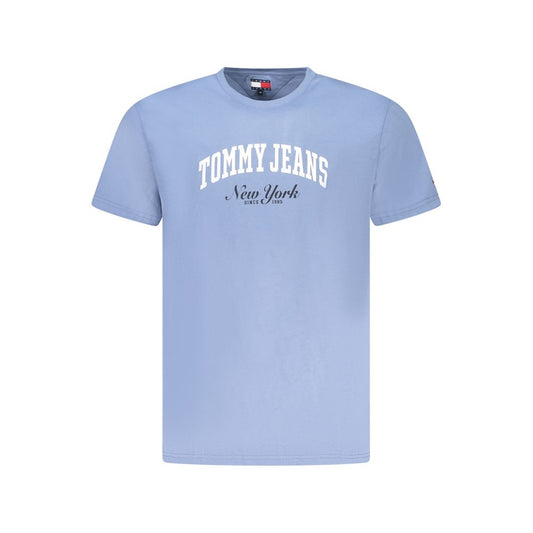 Tommy Hilfiger Blue Cotton Men T-Shirt with logo, short sleeves, crew neck, made from regenerative cotton for casual sophistication.