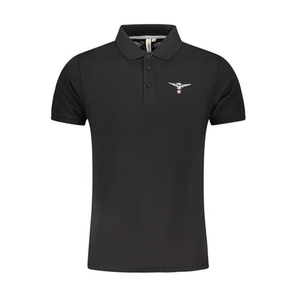 Accademia Militare Black Cotton Polo Shirt with short sleeves, eagle print, logo, and three buttons. Stylish and comfortable design.