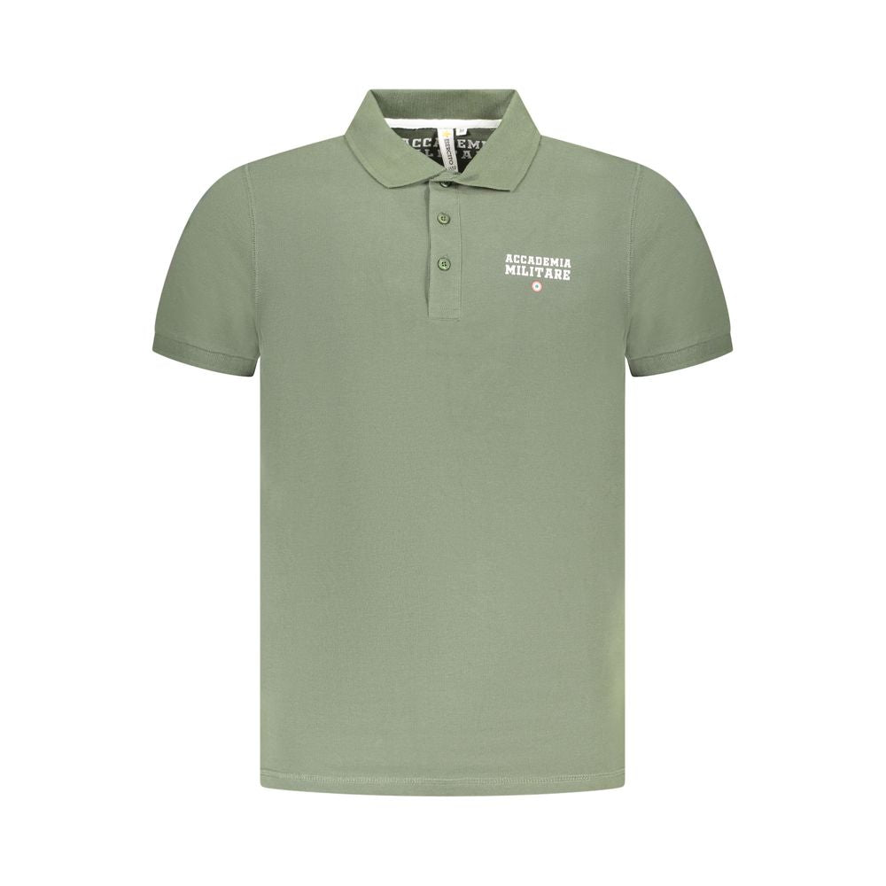 Accademia Militare Green Cotton Polo Shirt with short sleeve, 3 buttons, logo, and print design.