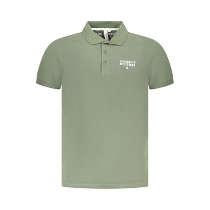 Accademia Militare Green Cotton Polo Shirt with short sleeve, 3 buttons, logo, and print design.