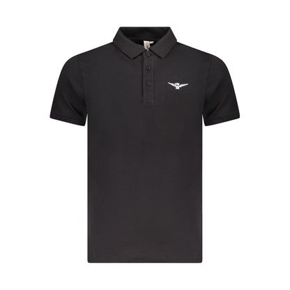 Accademia Militare Black Cotton Polo Shirt with eagle logo, short sleeves, 3 buttons, and print design.