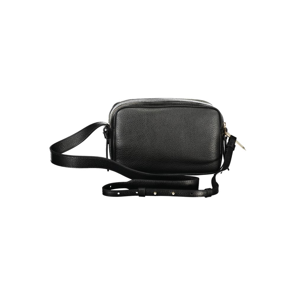 Coccinelle Black Leather Handbag with adjustable shoulder strap, two compartments, and zip closure, featuring logo.