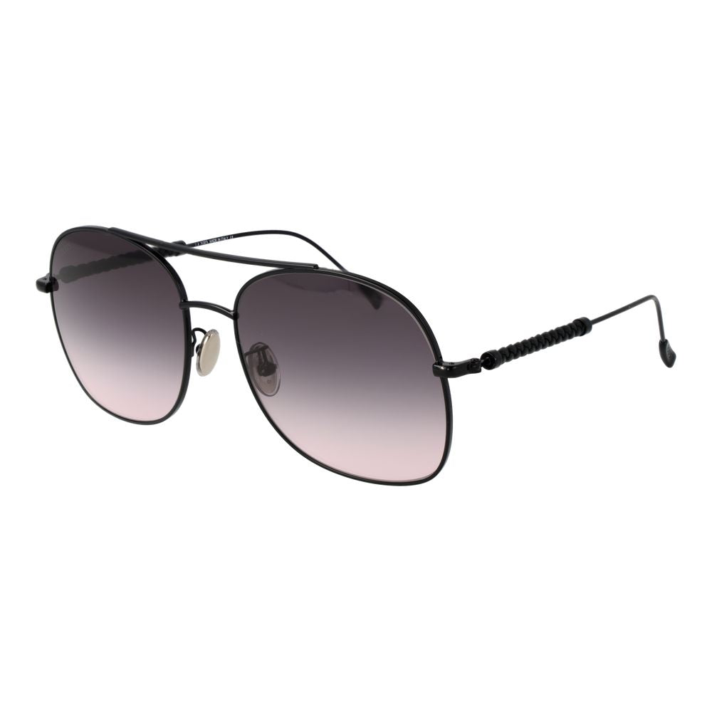 Tod's Black Metal Sunglasses, round full-rim style with grey gradient lenses, 100% UVA & UVB protection, includes branded case.