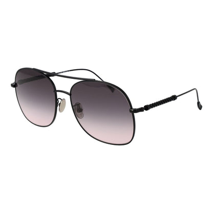 Tod's Black Metal Sunglasses, round full-rim style with grey gradient lenses, 100% UVA & UVB protection, includes branded case.