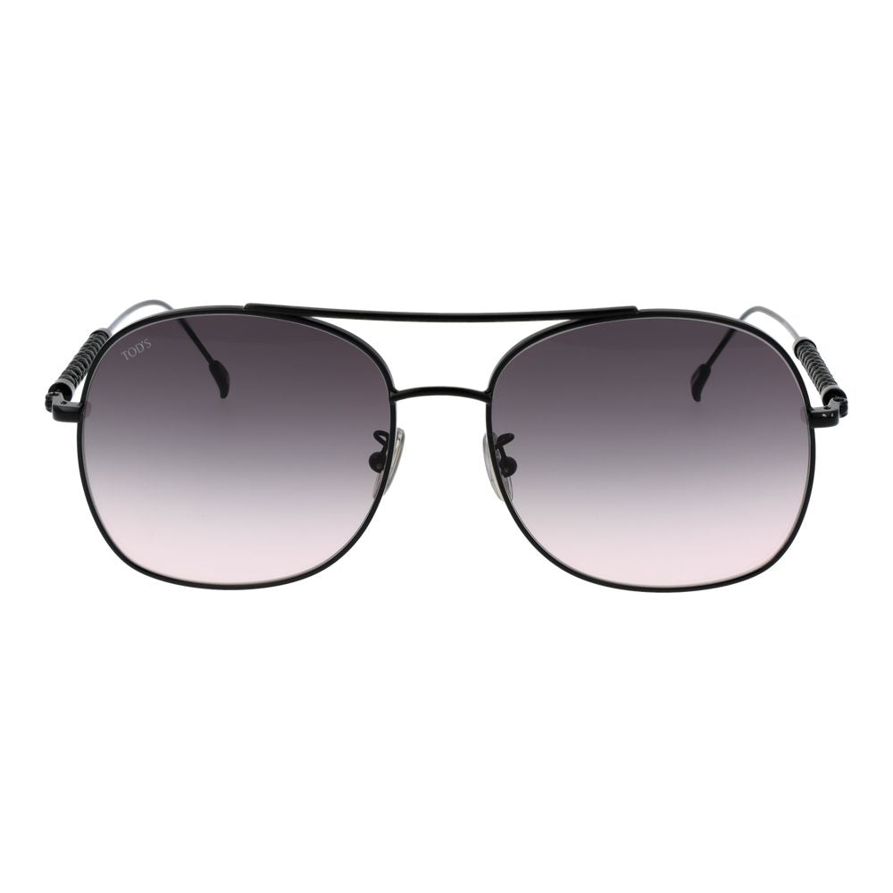 Tod's Black Metal Sunglasses with full-rim round black metal frame and grey gradient lenses, includes branded case for women.